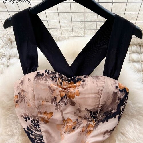 SINGREINY Fashion Chiffon Print Strap Dress Backless
