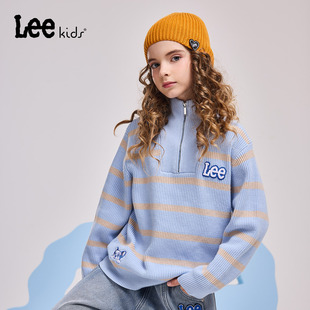 Lee kids慵懒风条纹毛衣男女童中大童polo领拉链针织衫百搭上衣
