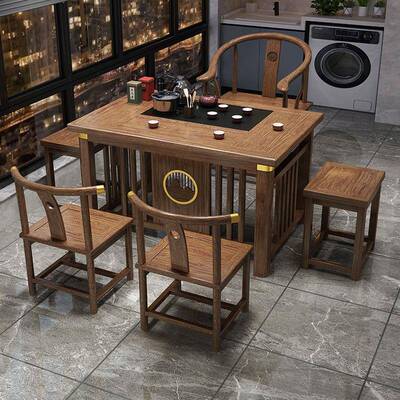 新中式阳办台喝茶椅组CIO实木小公室家用户型功夫茶几一桌体泡茶