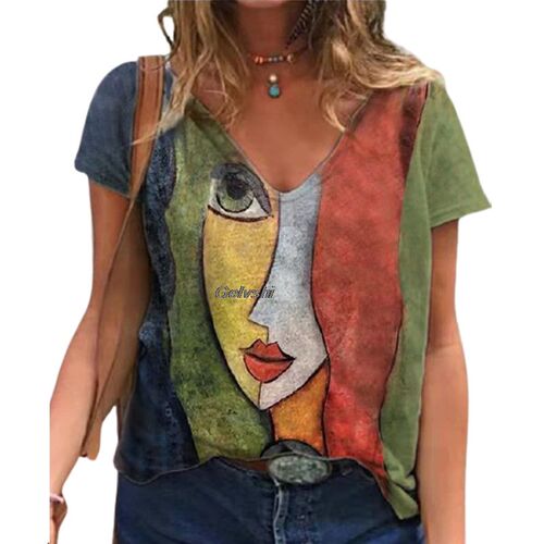 Womens Casual Tshirt Summer V Neck Art Print Short Sleeve T