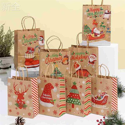 12pcs Christmas Gift Bag with Handles Kraft Paper Bags Santa