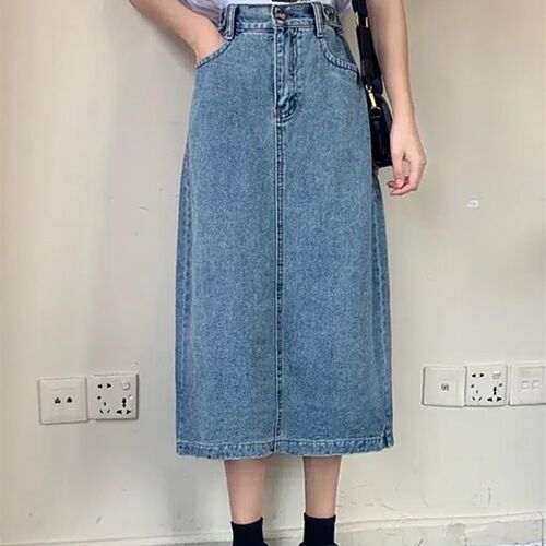 Fashion Vintage Long Denim Skirts Woman Spring Summer High