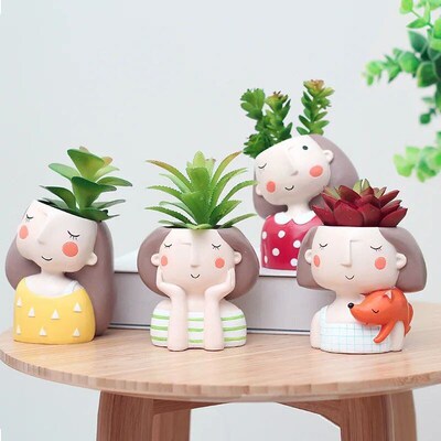 Resin Flower Pots Cute Girl Decorative Vase Plant Pots Creat