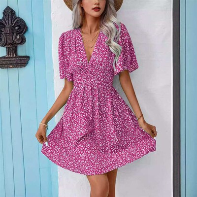 2025 Womens V-neck Mid-sleeve Printed High Waist Floral Ple