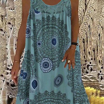 Fashion Elegant Vintage Geometric Print Loose Dress Women La
