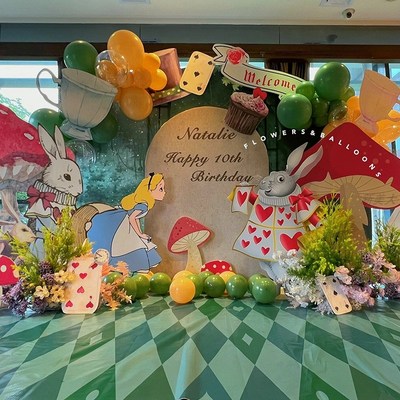 爱丽丝梦幻仙境主题男女孩100天周岁满月宴场景氛围装扮定制KT板