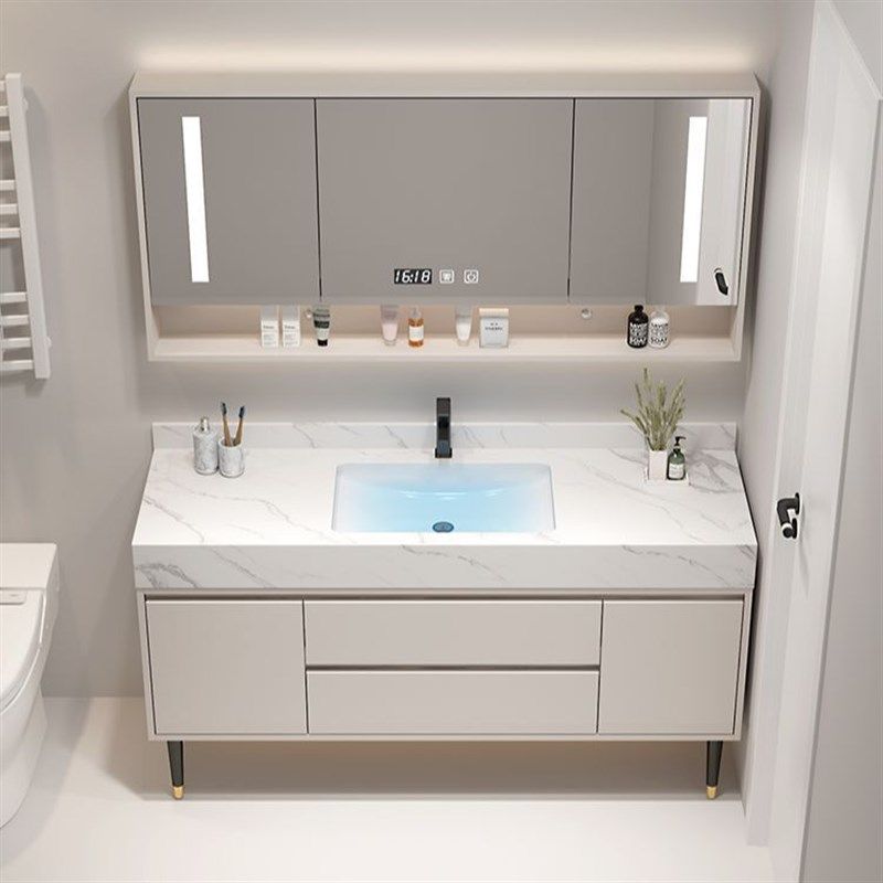 浴室柜奶油风落地柜款岩板一体无缝盆卫生间洗手洗漱盆款式