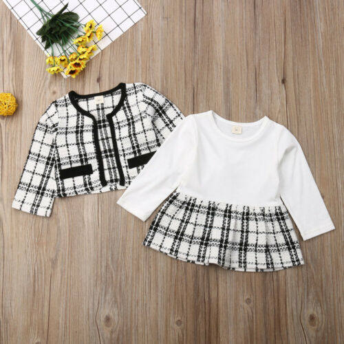 2PCS Autumn Winter Spring Party Baby Girls Clothes Plaid Coa