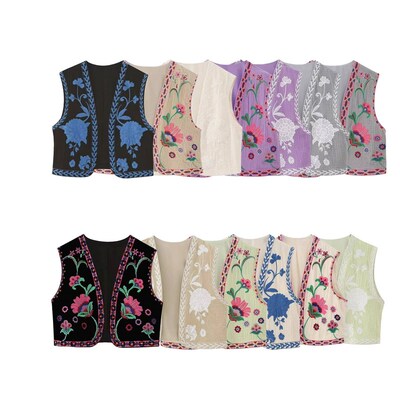 Women Vintage Floral Embroidered Open WaistCoat Ladies Natio