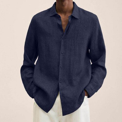 Long sleeved collar cotton linen shirt for men