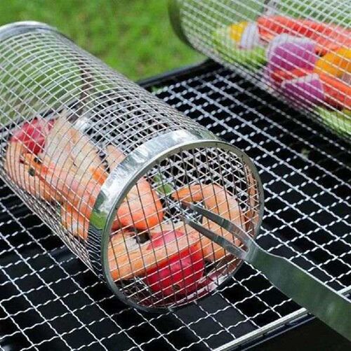 Stainless Steel BBQ Grill Basket Round Non Stick Rolling