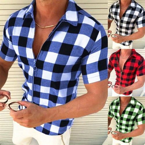 Mens Short Sleeve Lapel Plaid Zip Shirt Top Slim Fit Fashio