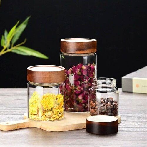 1pcs Wood Lid Orgnizer Glass Airtight Canister Kitchen