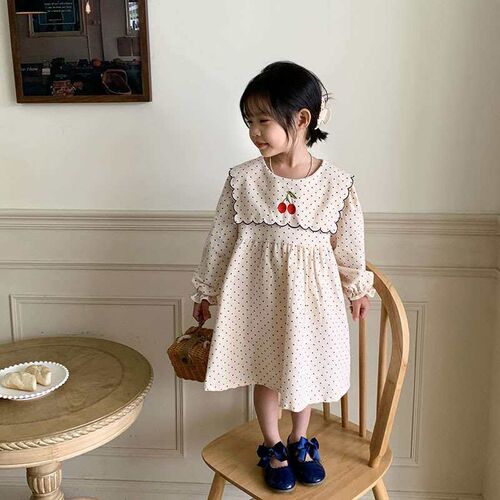 Cherry Embroidered Girls Dress Spring New Wave Dot Long Sle