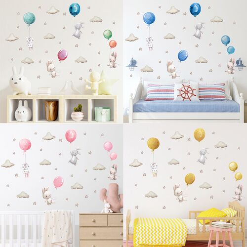 Watercolor Cartoon Bunny Wall Stickers Baby Nursery Wall Dec
