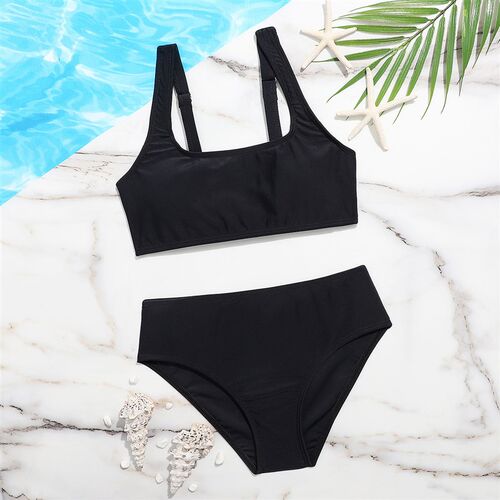 Solid Girl Swimsuit Kids Ribbed High Waist Bikini Set Two Pi