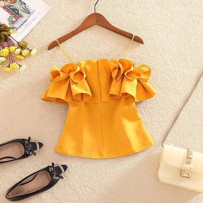 2024 Women Summer Ruffles Blouse Sexy Slash Neck Blouses Fem