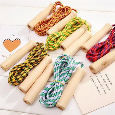 Kids Student Skipping Rope Wooden Handle Colorful Braiding R