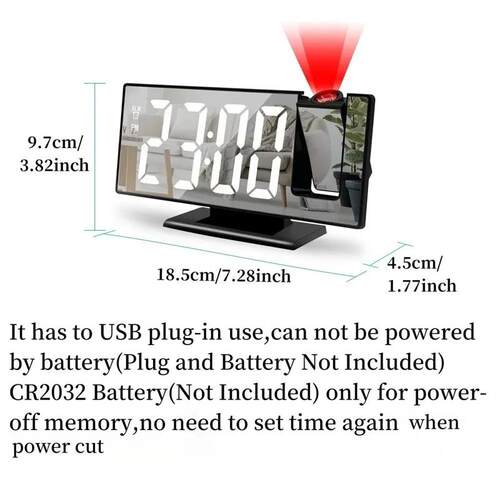 180 Arm Projection Alarm Clock Time Temperature USB Plug-i