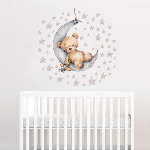 Cartoon Teddy Bear Sleeping on the Moon and Stars Wall ers f