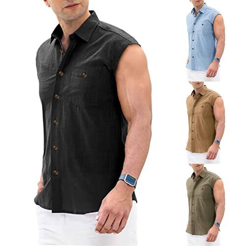 Cotton Linen Mens Shirt Sleeveless Fashion Man Blouses 2023