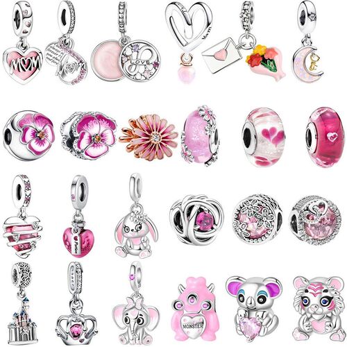 Hot Sale Charms Heart Beads Pink Dangle Charm Flower Pendant