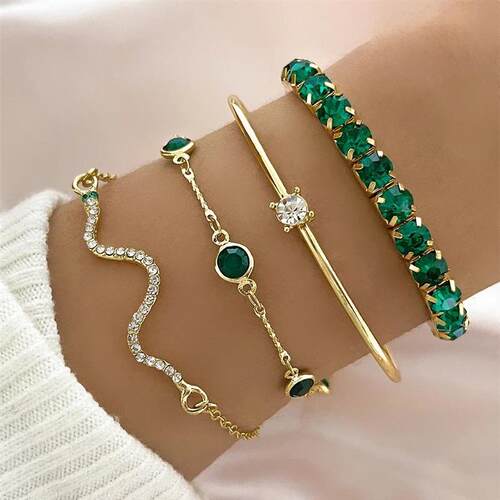 4Pcs/Set Fashion Snake Green Gemstone Bangle Rhinestone Full