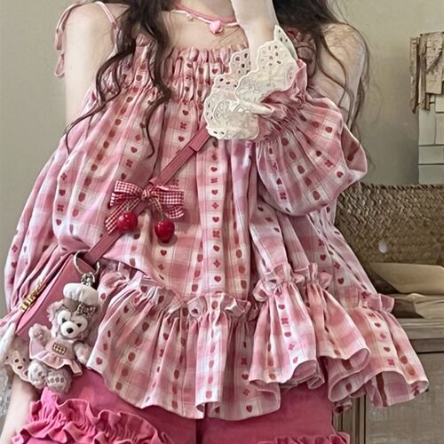 Kawaii Japanese Two Piece Set Women Print Bare Shoulder Blou