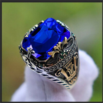 Retro Handmade Turkish Signet Rings for Men Ancient Silver C