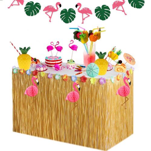 Tropical Luau Party Straw Grass Table Skirt Plastic Flower D