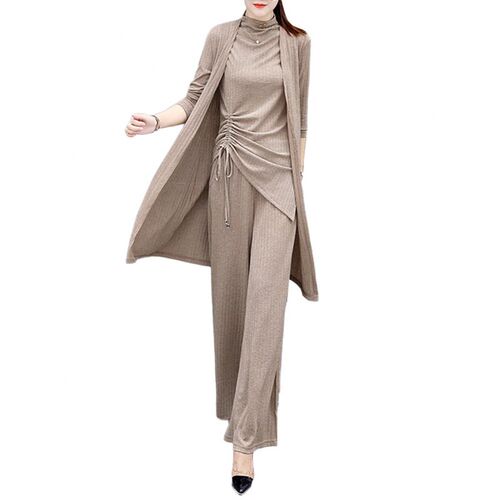 3Pcs/Set Casual Women Suit Solid Color Knit Side Bandage Tan