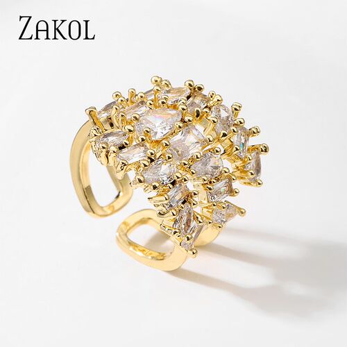 ZAKOL Fashion 3 Layers Irregular Zirconia Open Rings for Wom