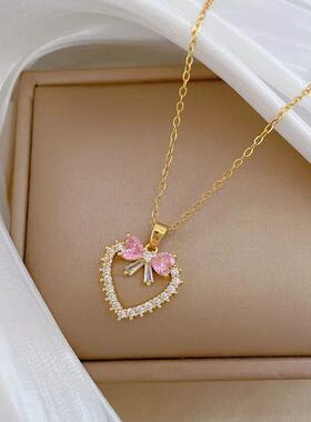 Stainless Steel Chain Sweet Romantic Love Heart Bow Pendant