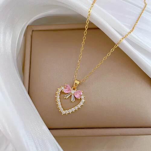 Stainless Steel Chain Sweet Romantic Love Heart Bow Pendant