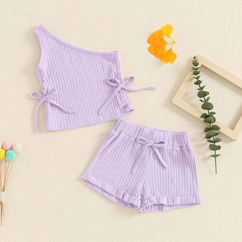 Pudcoco Toddler Girls Summer Outfits Solid Color Oblique Sho