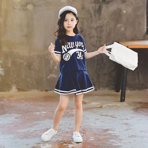 Summer Girls Clothes Suit 2023 Short-Sleeved+A-Line Skirt 2P