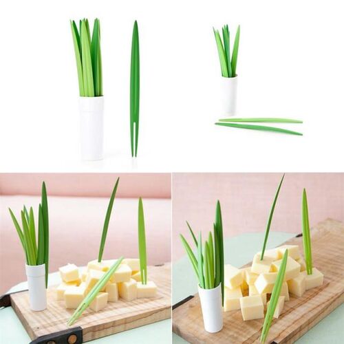 10pcs/Set Green Bamboo Leaf Fruit Fork Chopsticks Cocktail F