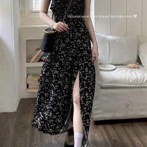 Black Floral Sling Dress Womens Summer New Mid-length Tight