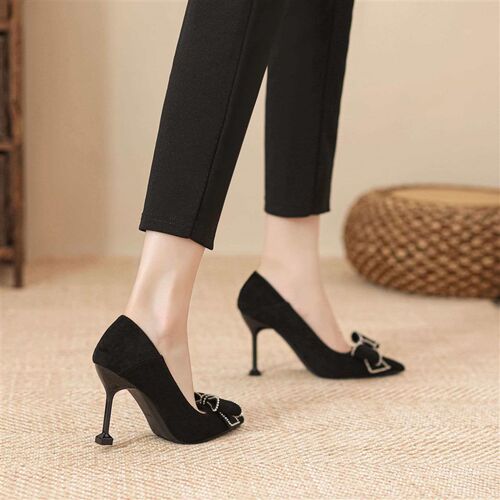 New Pressure Drill Bow Buckle Suede Cat Heel Stepping Heel N
