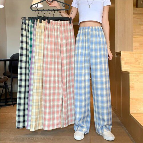Plaid pants womens summer 2021 new high-waisted loose-fitti