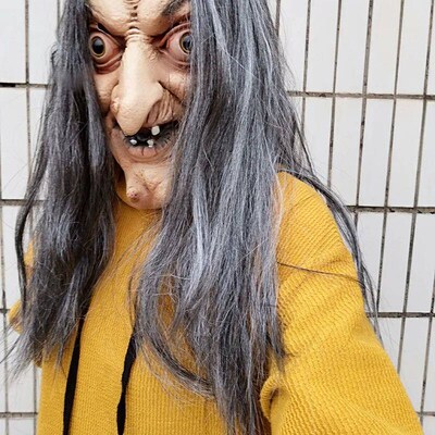 Masker Penyihir Tua Menakutkan Lateks dengan Rambut Hallowee