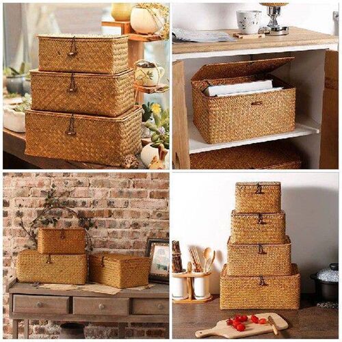 Storage with Lid 3 Pcs Seagrass Baskets Hand Woven Long