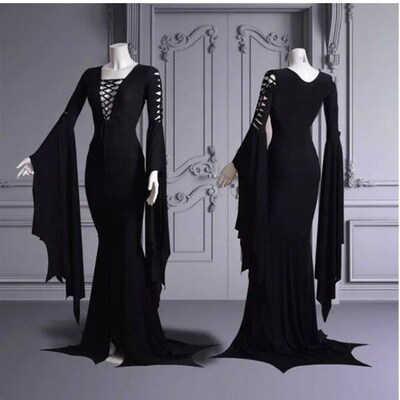 Morticia Addams Cosplay Floor Dress Costume Adult Women