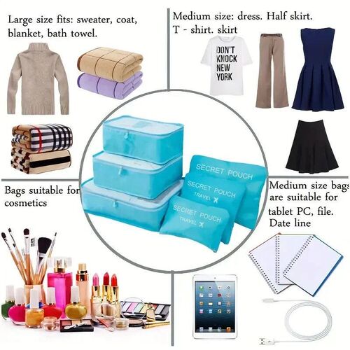 6 Pcs/Set Pink/Blue/Grey Travel Storage Bag Large Capacity W