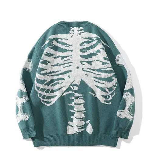 Men Loose Sweaters Black Skeleton Bone Print Pullovers Women