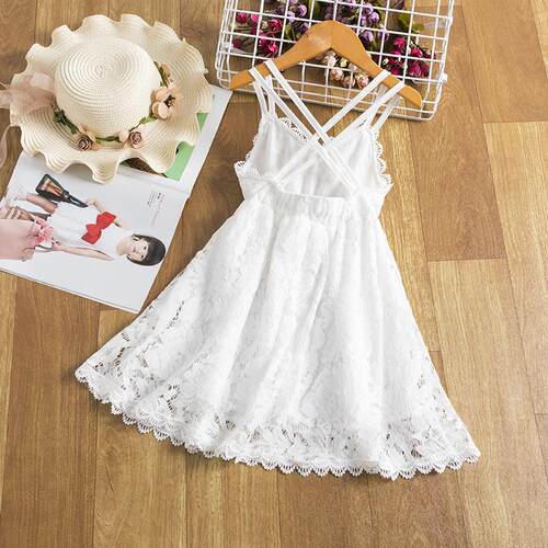 2023 New Young Girls White Sling Dress Kids Backless Sleevel