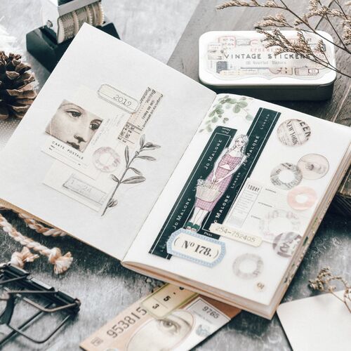100Pcs Metal Box Junk Journal Ephemera Vintage Stickers Deco