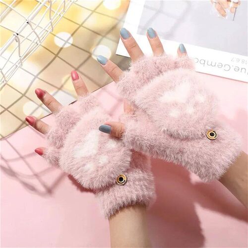 Flip open finger gloves for women in winter cute cartoon hal