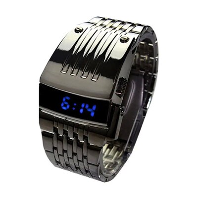 Fashion Electronic Watch Blue LED Display Wide Stainless Ste