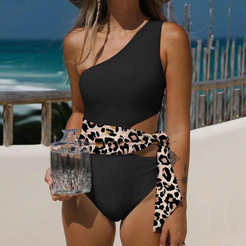 One-shoulder Swimsuit One Piece Swimsuit Print Halter Push U